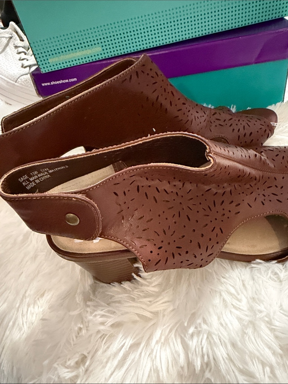 Women's Brown Laser-Cut Slingback Block Heel Sandals